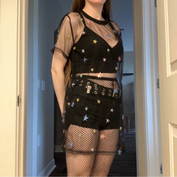 NEW BEAUTIFUL RARE CELESTIAL STAR EMBROIDERY BLACK MESH DRESS - Picture 11 of 15